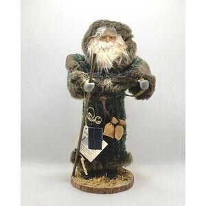 Woodland Santa Figure Green Coat Basket Of Toys and Beard Earthy Rustic Decor
